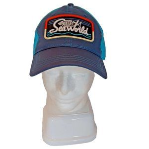 SeaWorld Orig Logo Patch Mens Blue Trucker Cap Strapback Hat w/ Embroidered Logo